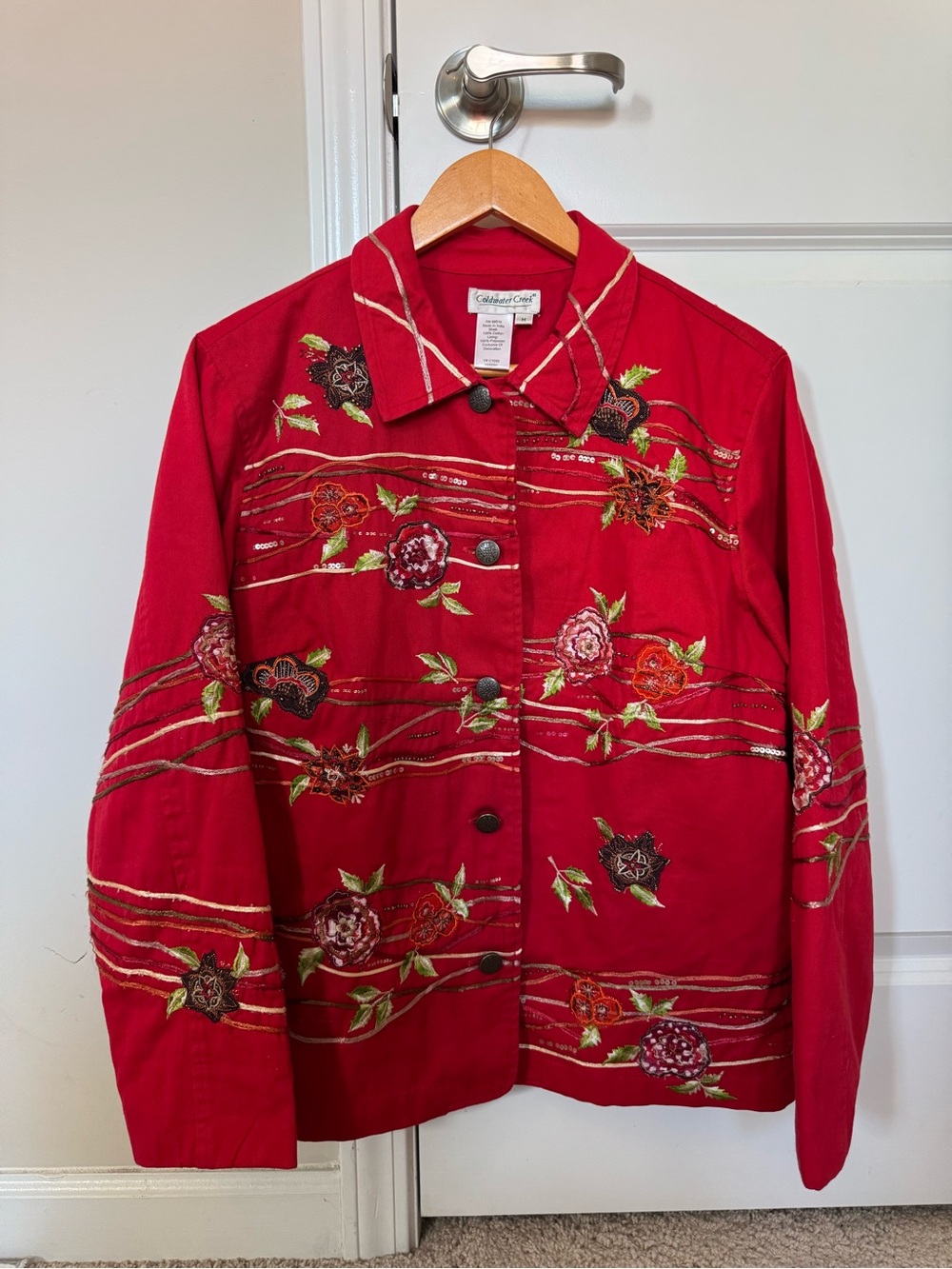 Coldwater Creek Womans M Red Multi Floral Embroidered Jacket Boho Art to Wear